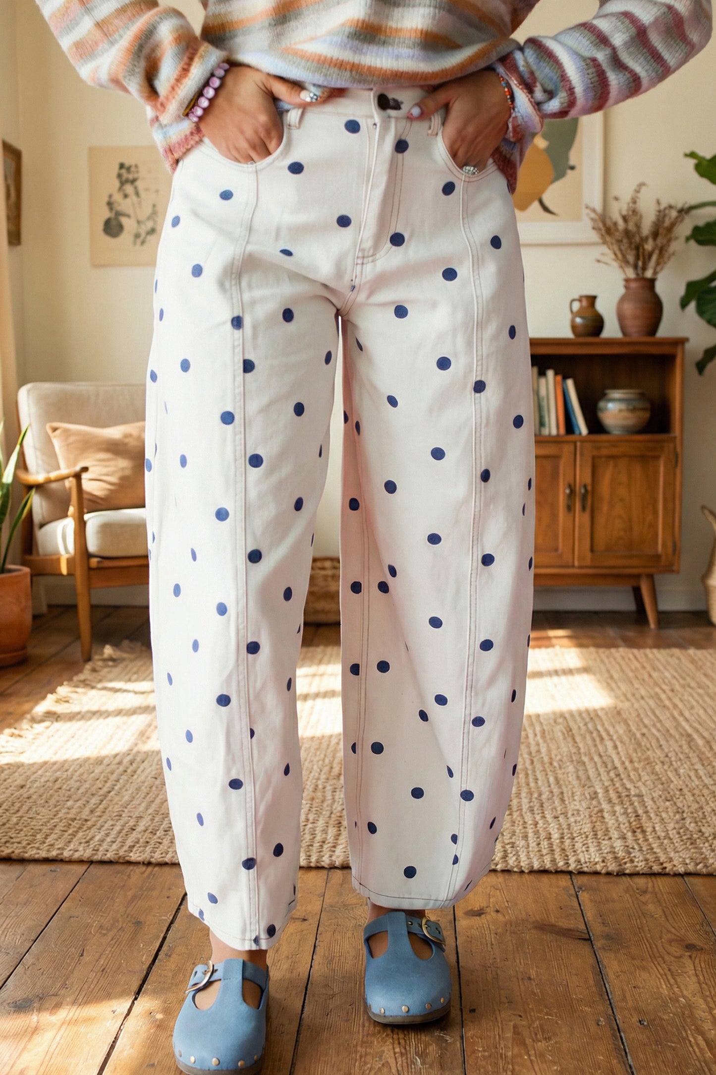 Pink Tailored Seam Polka Dot Print Barrel Casual Jeans