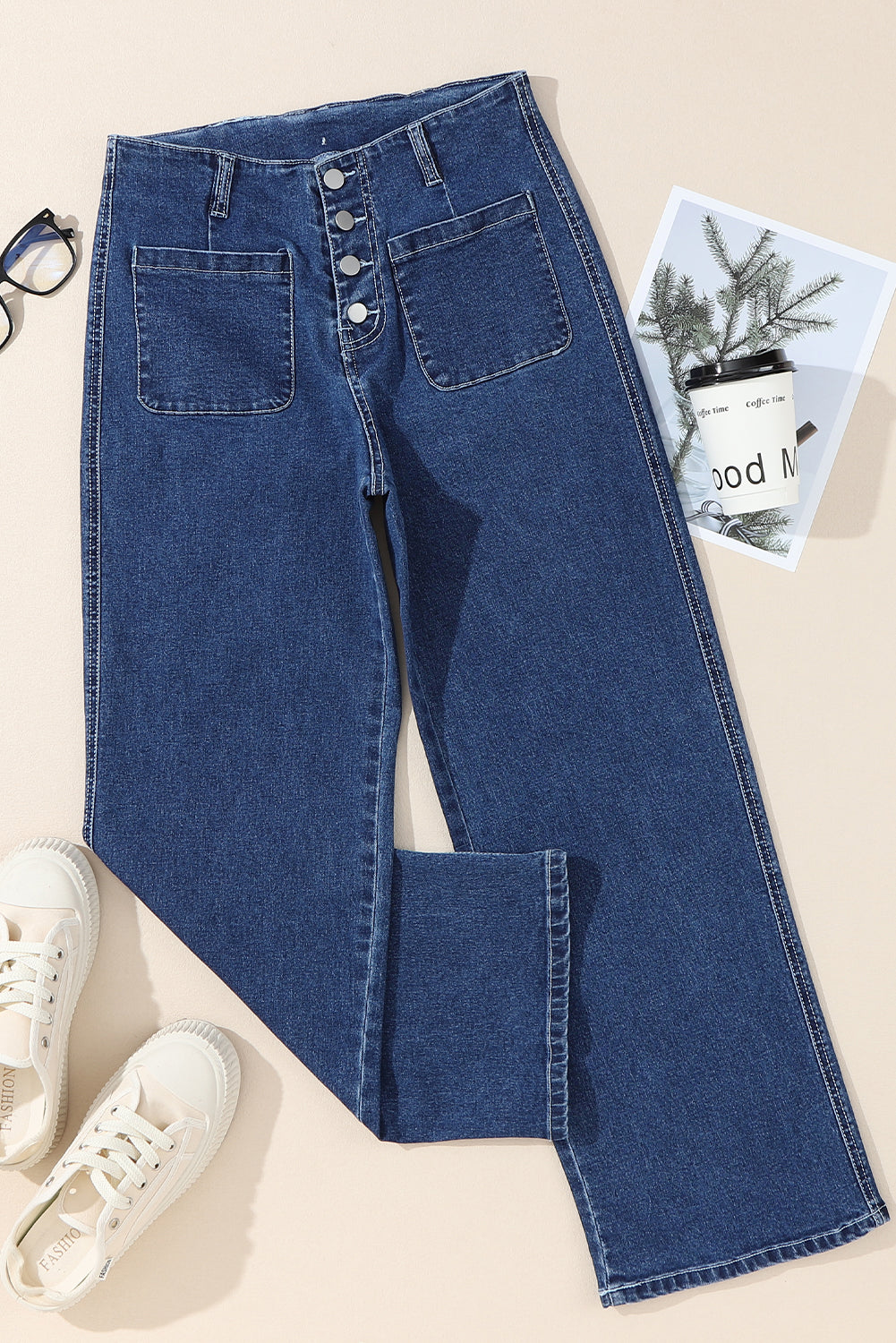 Sail Blue High Waist Button Front Wide Leg Cropped Jeans