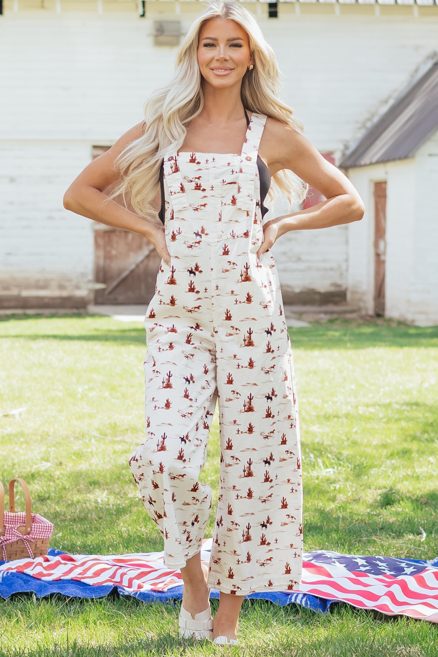 Beige Western Printed Button Adjustable Straps Loose Jumpsuit Dungarees