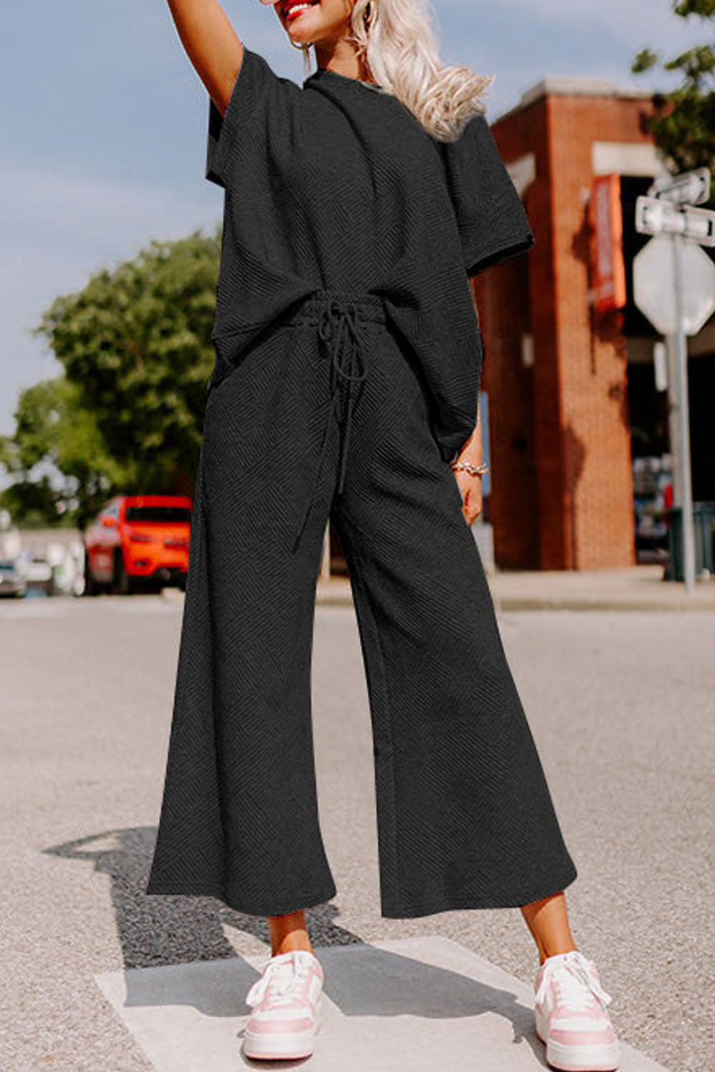 Brown Textured Loose Fit T Shirt and Drawstring Pants Set