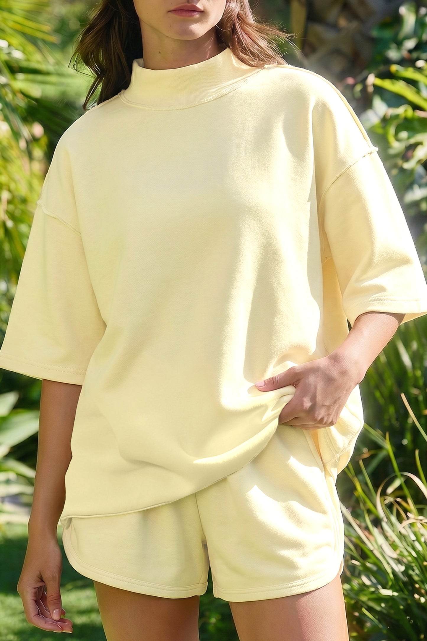 Yellow Cream Solid Color Exposed Seam Mock Neck Oversize Tee Casual Shorts 2pcs Outfit