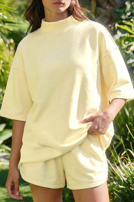 Yellow Cream Solid Color Exposed Seam Mock Neck Oversize Tee Casual Shorts 2pcs Outfit
