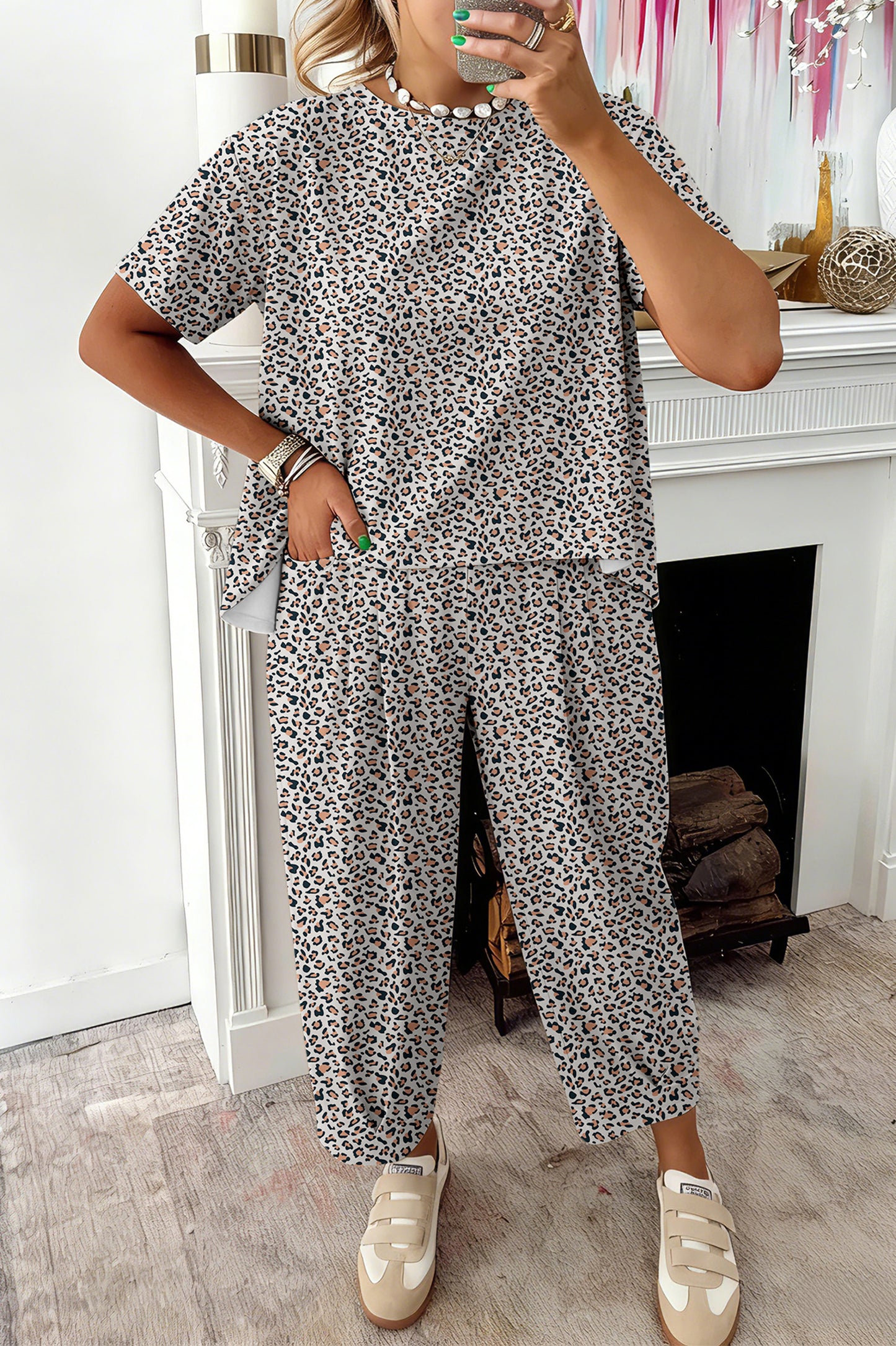 Brown Leopard High-Low Loose Tee Ankle Length Pants Set