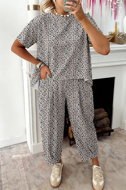 Brown Leopard High-Low Loose Tee Ankle Length Pants Set