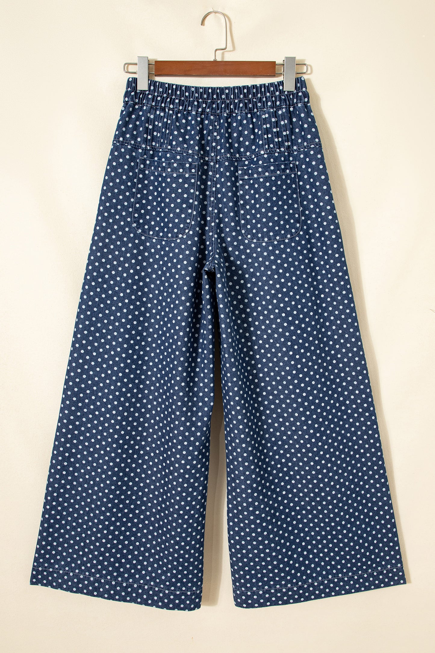 Sky Blue Polka Dot Print Button Pleated Detail Wide Leg Jeans