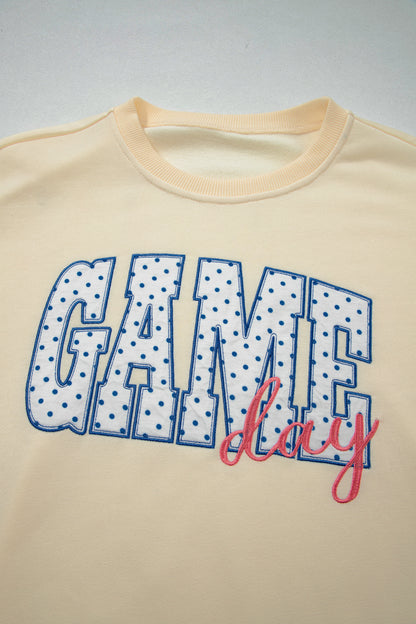 Beige Game Day Crewneck Long Sleeve Pullover Athleisure Short Sets