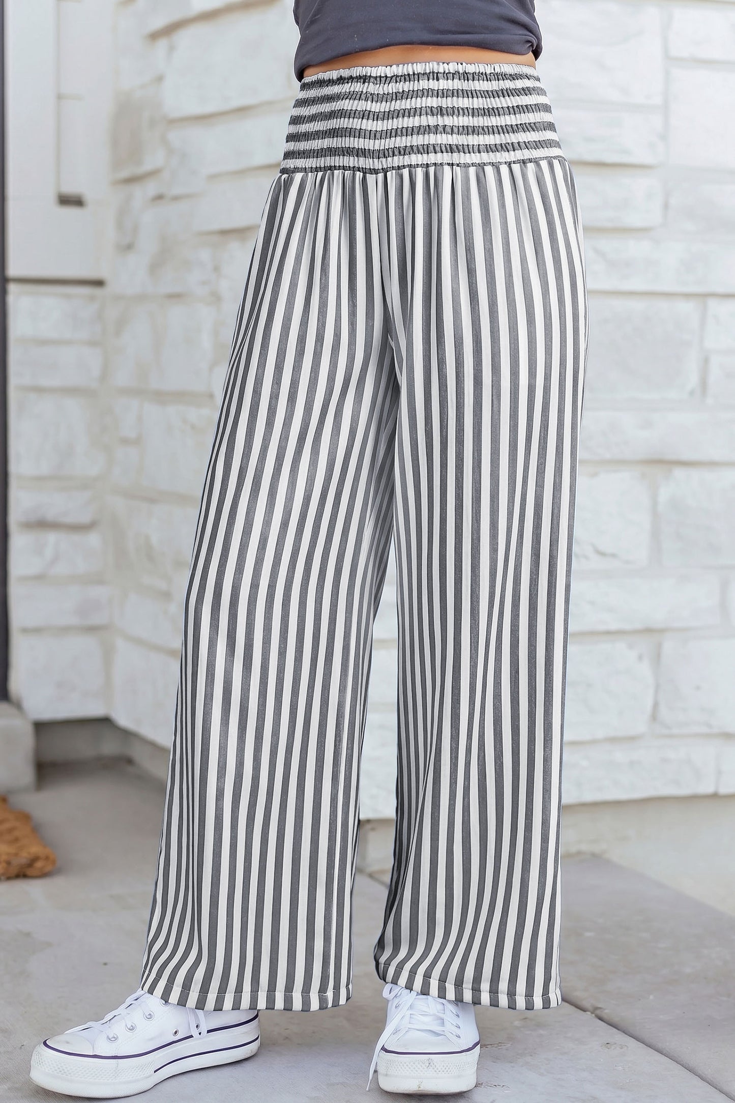 Sky Blue Stripe Shirred High Waist Loose Summer Pants