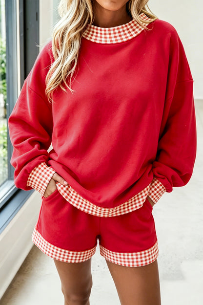 Racing Red Polka Dot Trim Baggy Pullover 2pcs Short Set