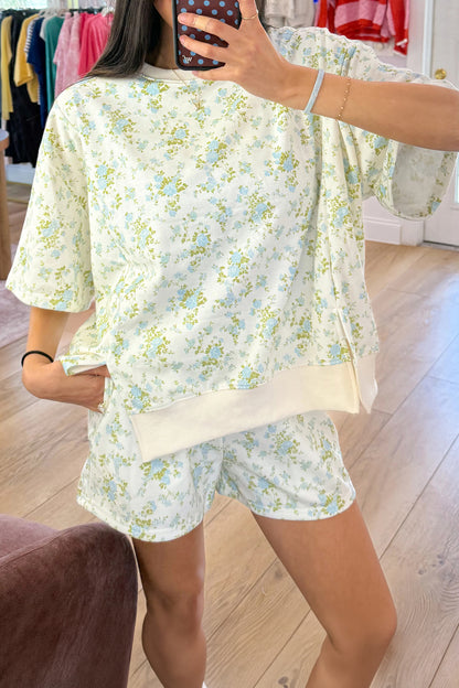 Pink Floral Print Short Sleeve Elastic Waist Pocket Two Piece Set