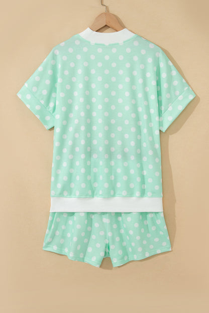 Yellow Polka Dot Print Color Block Trim Mock Neck Short Set