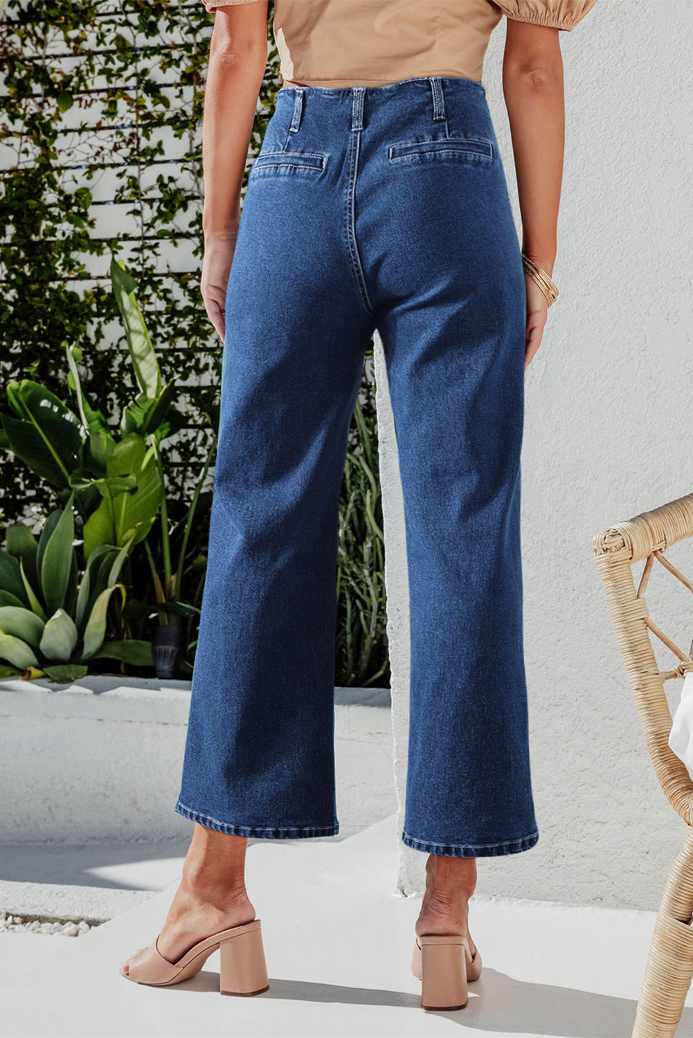 Sail Blue High Waist Button Front Wide Leg Cropped Jeans