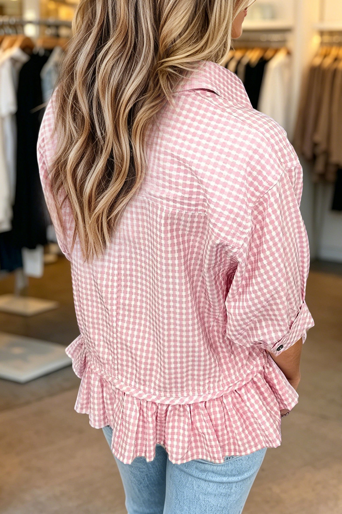 Pink Plaid Half Sleeve Ruffle Hem Button Down Shirt