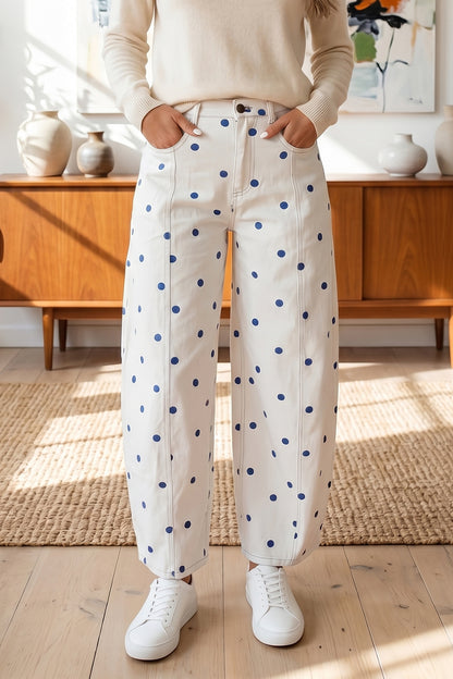 Pink Tailored Seam Polka Dot Print Barrel Casual Jeans