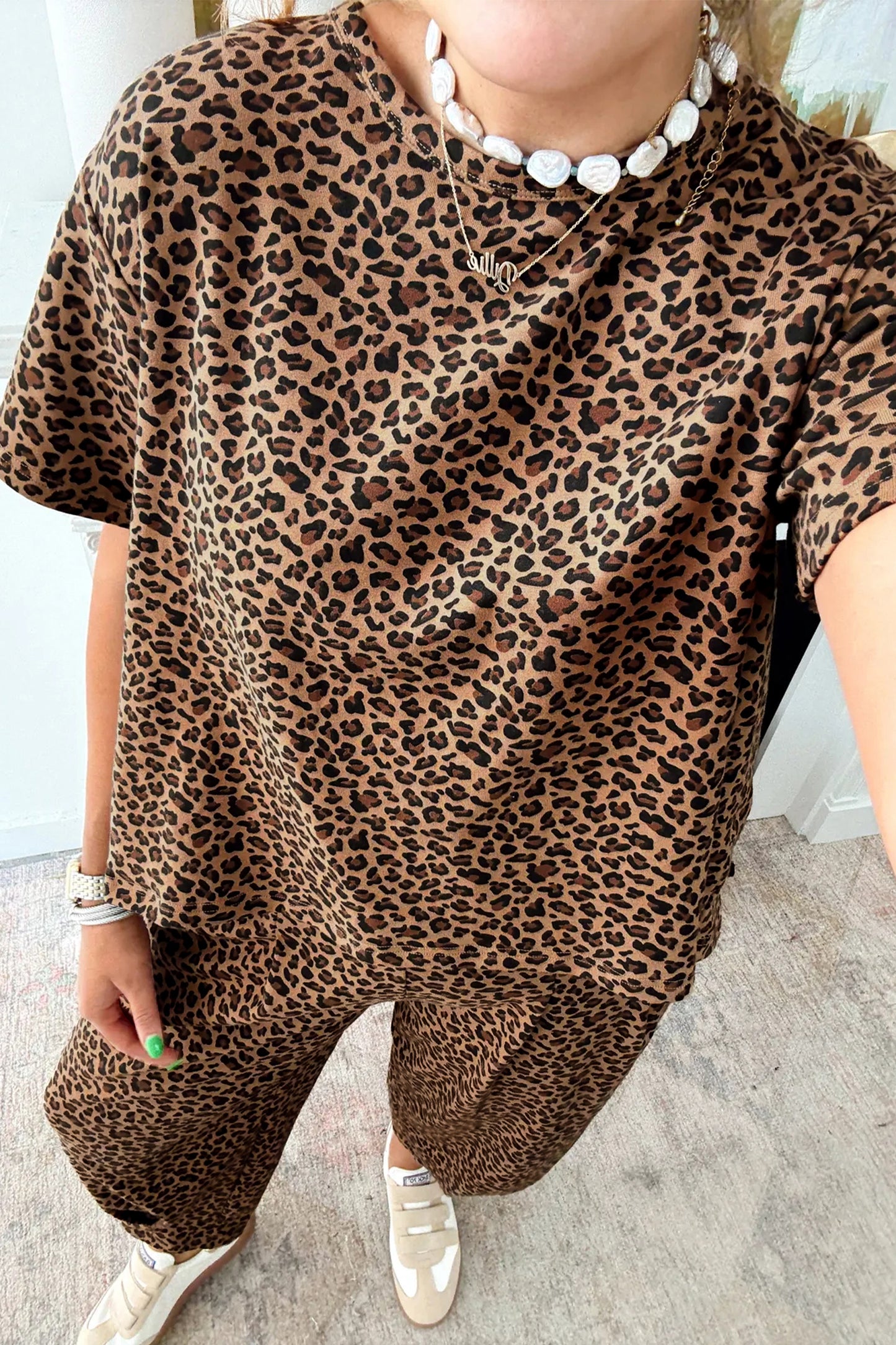 Brown Leopard High-Low Loose Tee Ankle Length Pants Set