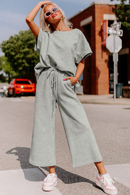 Brown Textured Loose Fit T Shirt and Drawstring Pants Set
