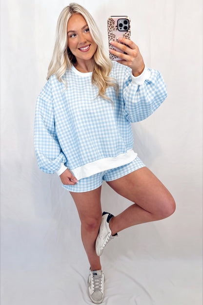 Yellow Plaid Baggy Pullover Drawstring Casual Shorts 2pcs Outfit