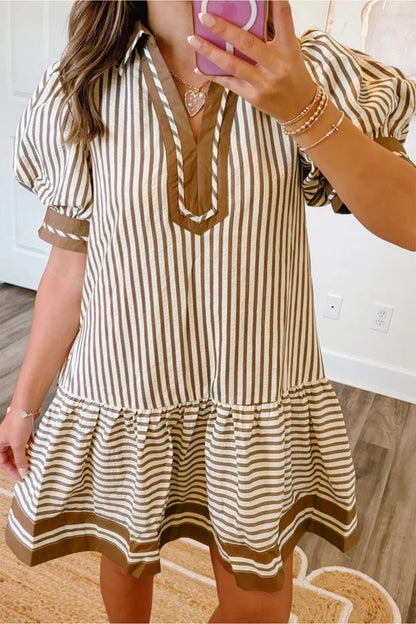 Brown Stripe Shirt Collar Color Block Patchwork Trim Ruffle Hem Short Dress