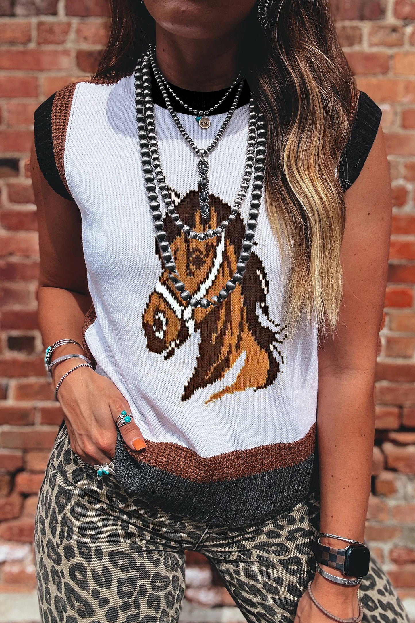 White Western Horse Head Colorblock Trim Sweater Vest