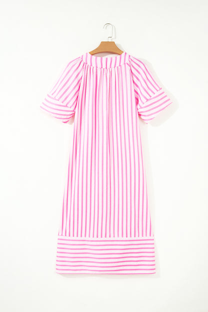 Pink Stripe V Neck Short Sleeve Shift Long Dress