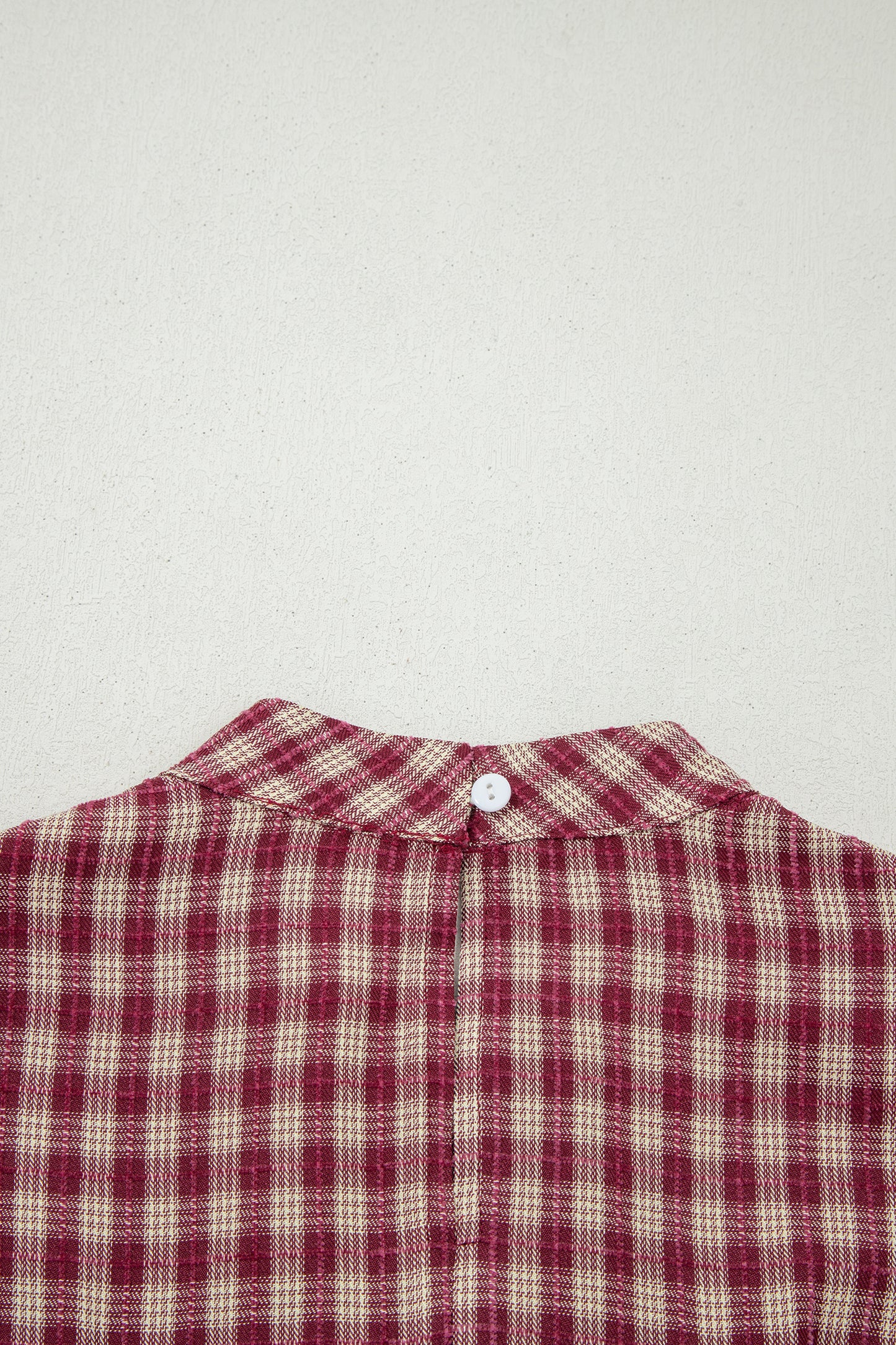 Coral Country Plaid Long Sleeve Button Keyhole Pleated Loose Blouse