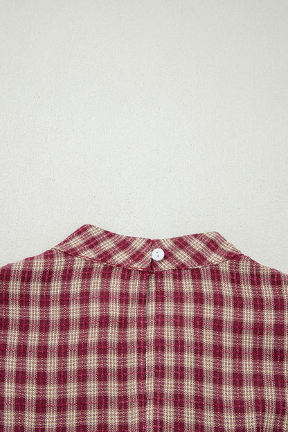 Coral Country Plaid Long Sleeve Button Keyhole Pleated Loose Blouse