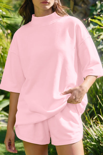 Yellow Cream Solid Color Exposed Seam Mock Neck Oversize Tee Casual Shorts 2pcs Outfit