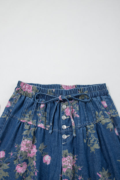 Blue Retro Floral Print Tie Elastic Waist Button Pintuck Wide Leg Jeans