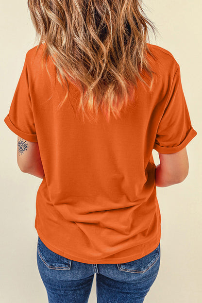 Orange Casual Pumpkin Embroidered Round Neck T-Shirt