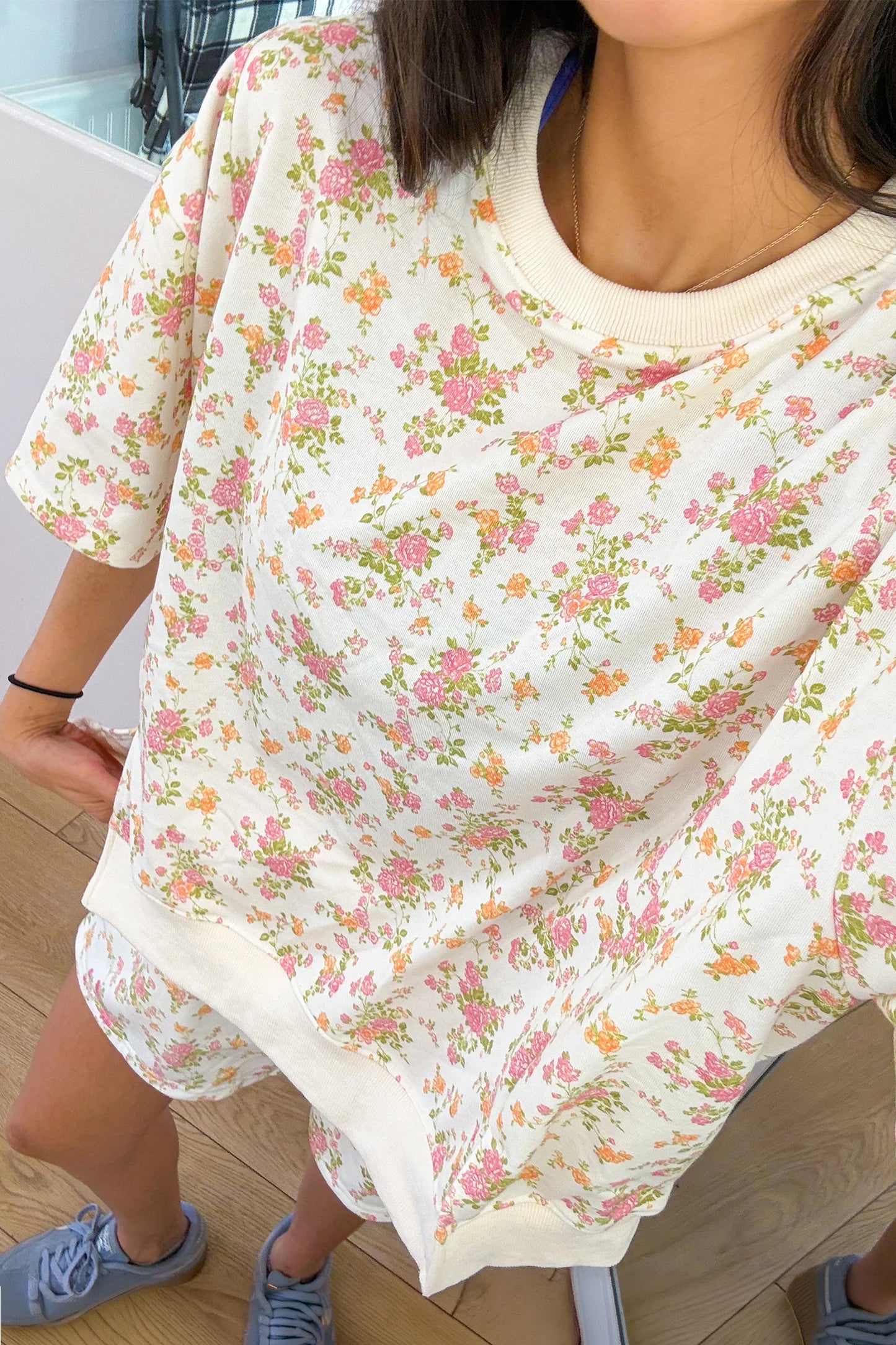 Pink Floral Print Short Sleeve Elastic Waist Pocket Two Piece Set