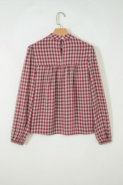 Coral Country Plaid Long Sleeve Button Keyhole Pleated Loose Blouse