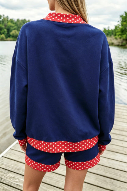 Racing Red Polka Dot Trim Baggy Pullover 2pcs Short Set