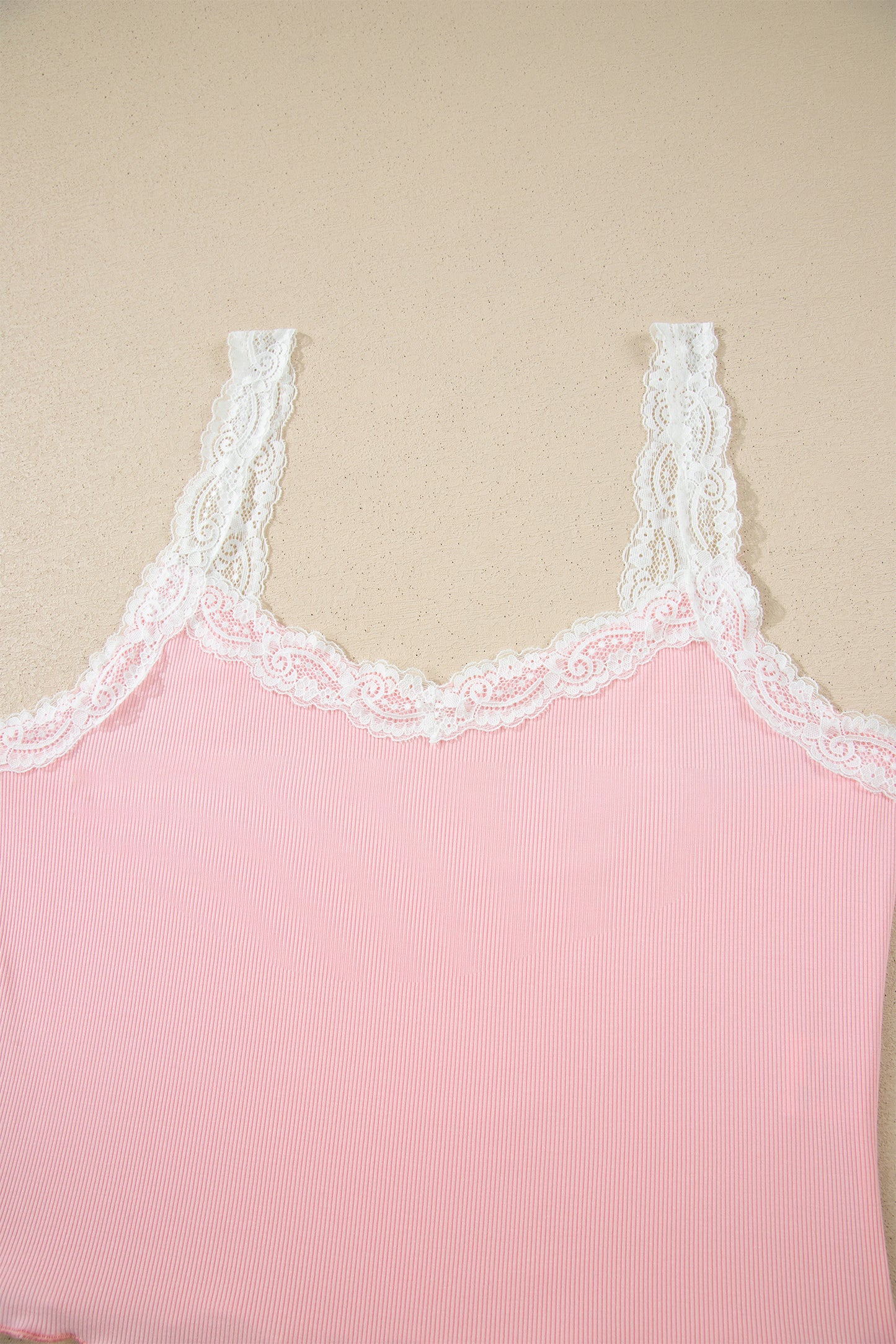 Pink Ribbed Knit Lace Straps Patchwork Lettuce Hem Cropped Top Floral Short Lounge Set