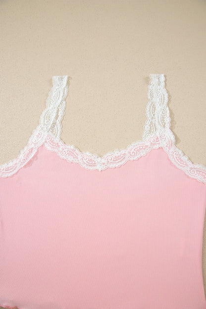 Pink Ribbed Knit Lace Straps Patchwork Lettuce Hem Cropped Top Floral Short Lounge Set