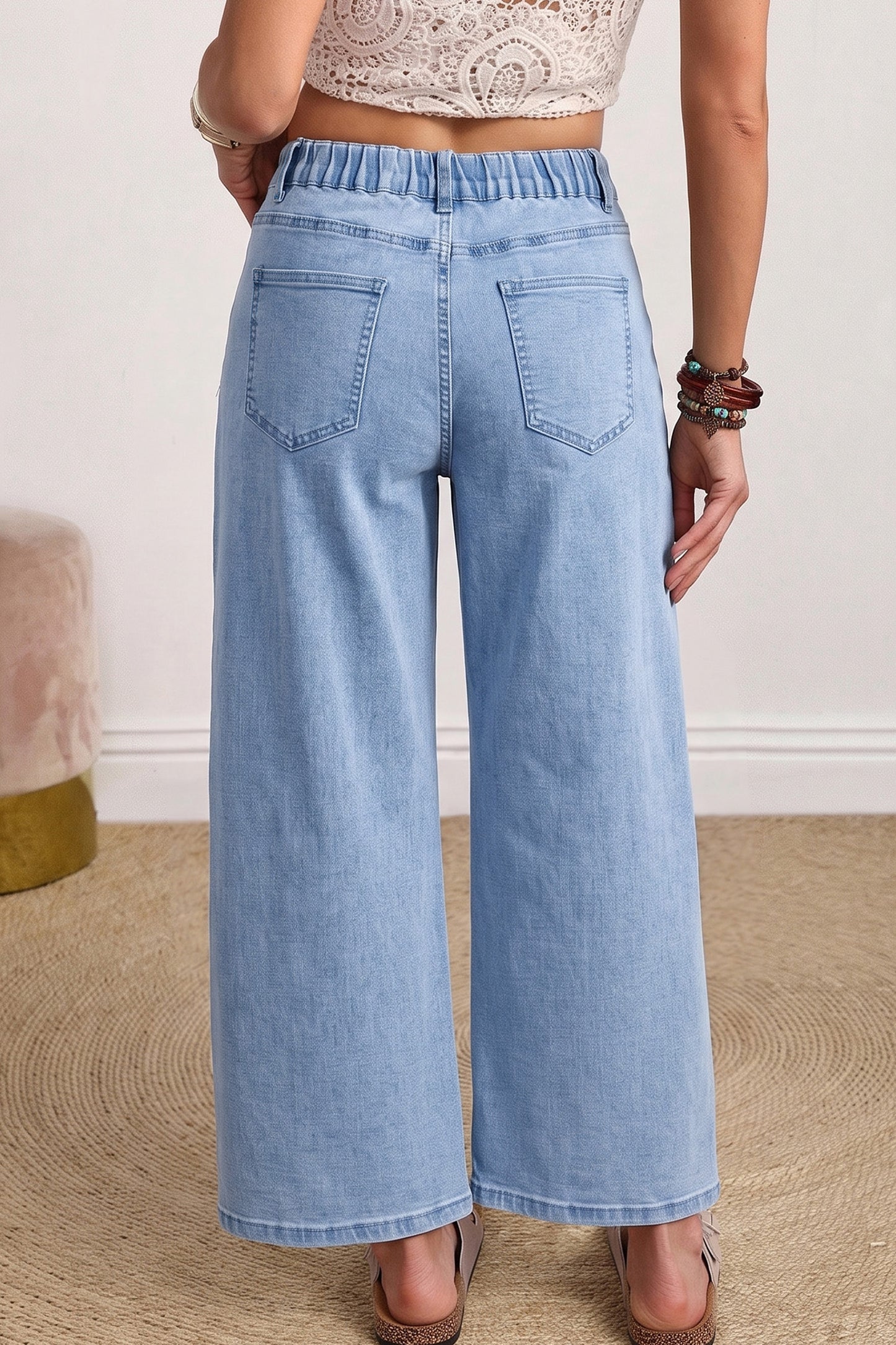 Coffee Solid Color Square Patch Pocket Ankle-length Barrel Jeans