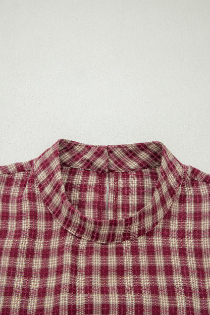 Coral Country Plaid Long Sleeve Button Keyhole Pleated Loose Blouse
