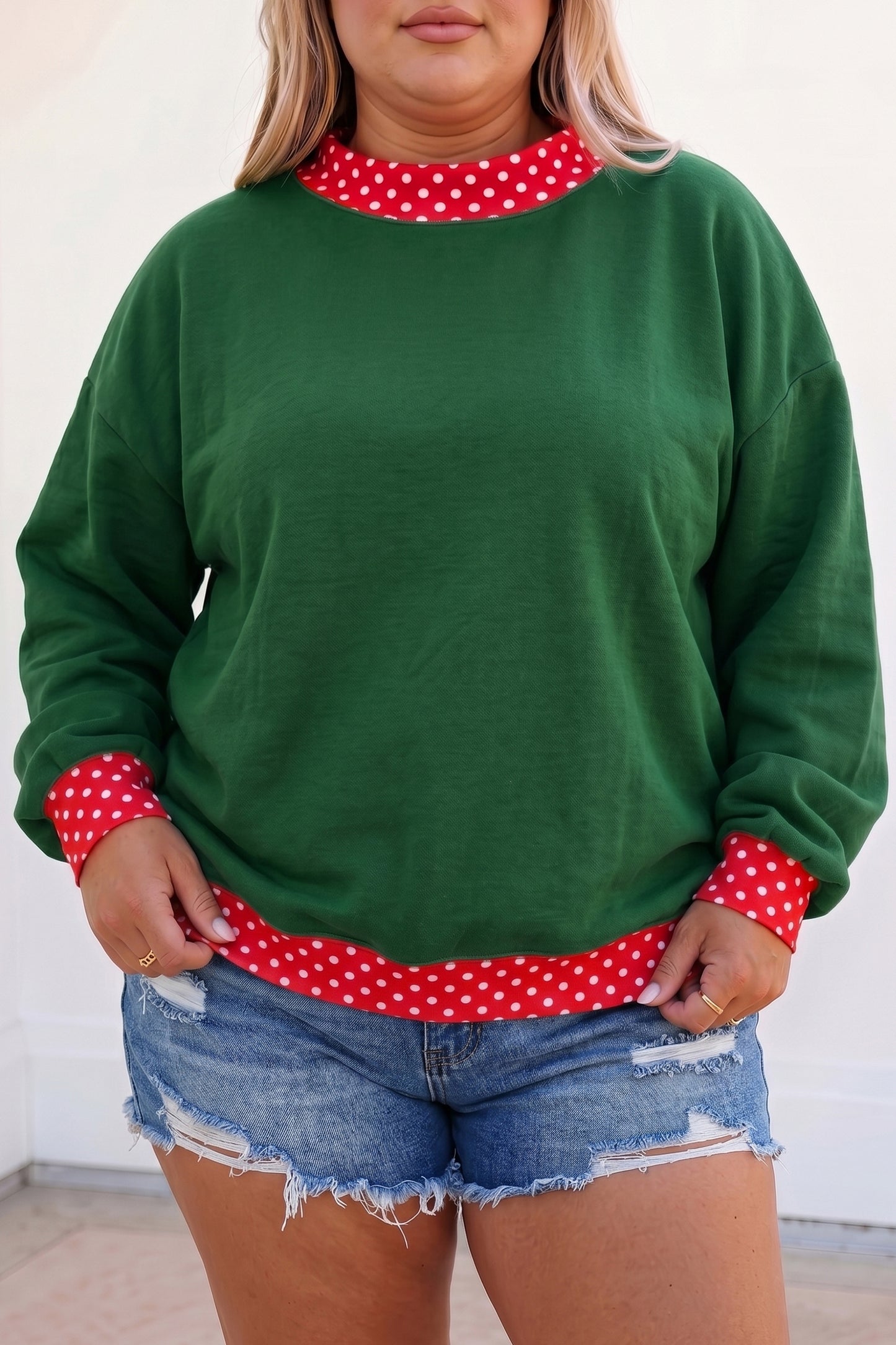 Orange Polka Dot Patchwork Round Neck Plus Size Sweatshirt