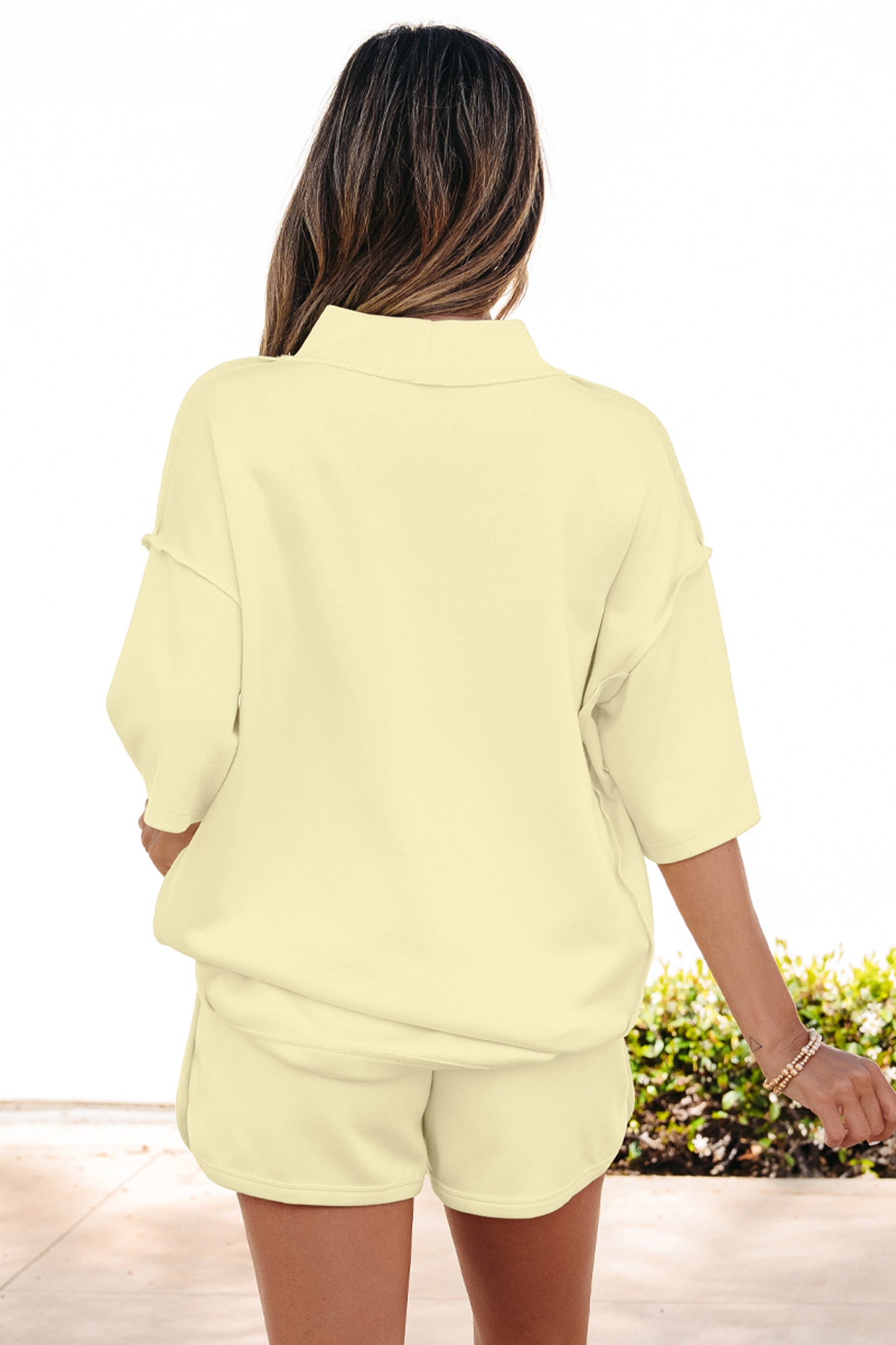 Yellow Cream Solid Color Exposed Seam Mock Neck Oversize Tee Casual Shorts 2pcs Outfit
