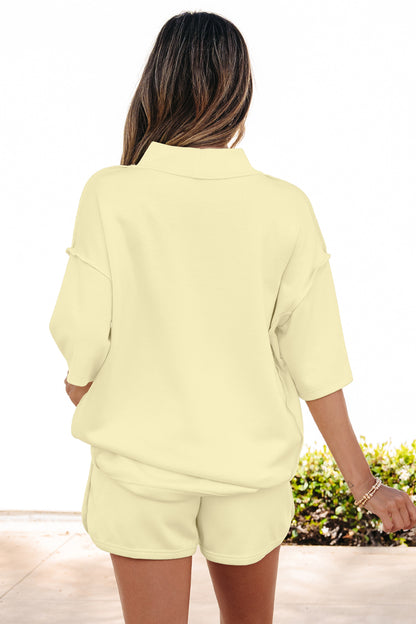 Yellow Cream Solid Color Exposed Seam Mock Neck Oversize Tee Casual Shorts 2pcs Outfit