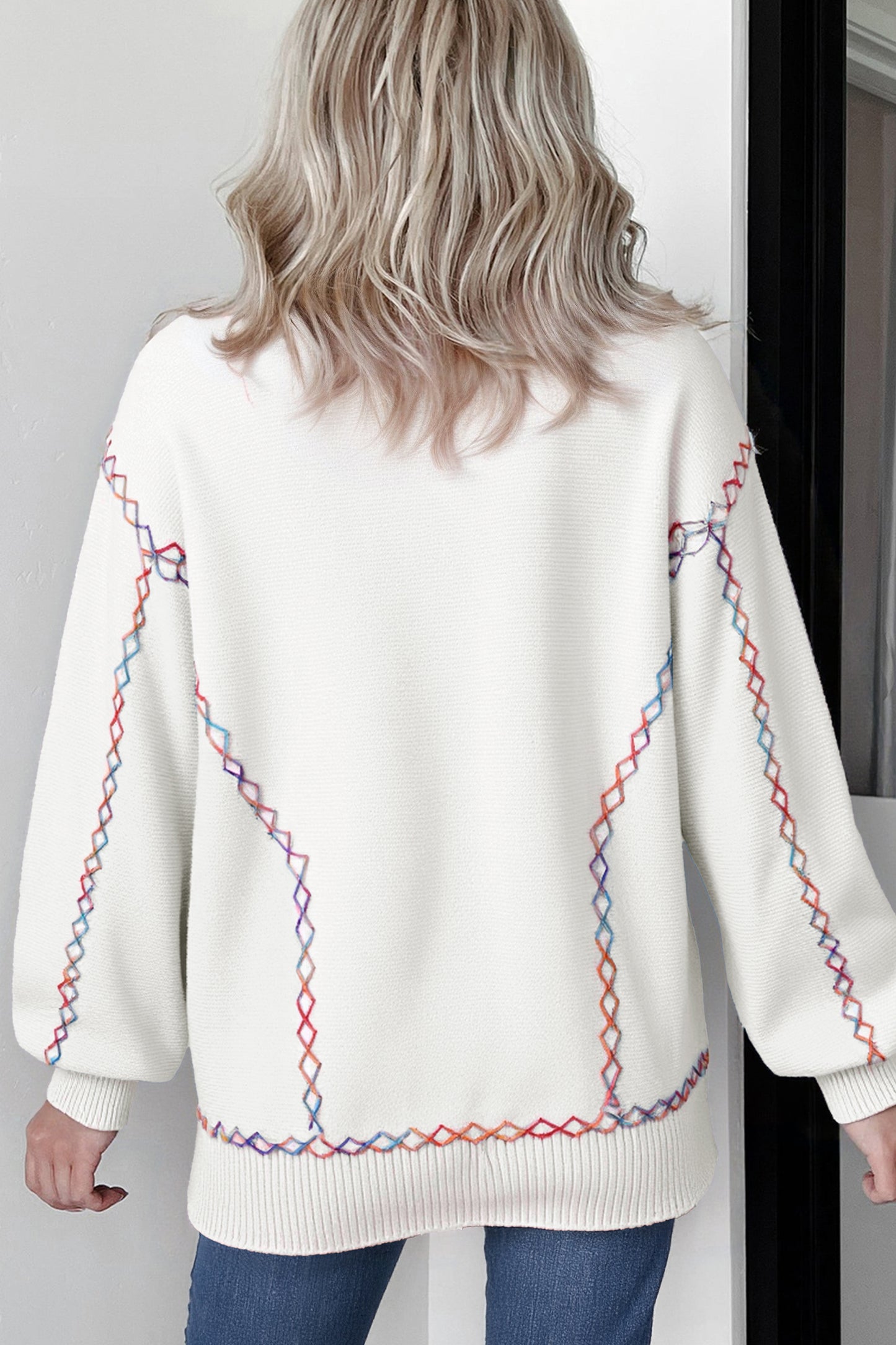 Orchid Bouquet Rainbow Stitching Balloon Sleeve Relaxed Sweater