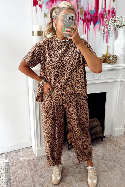 Brown Leopard High-Low Loose Tee Ankle Length Pants Set