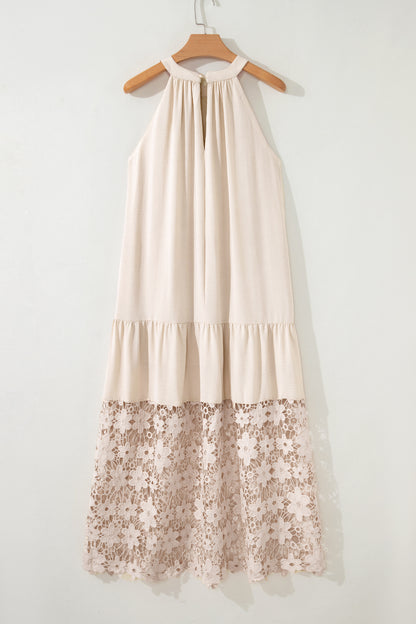 Beige Sheer Hollowed Floral Lace Hem Patchwork Loose Halter Summer Dress