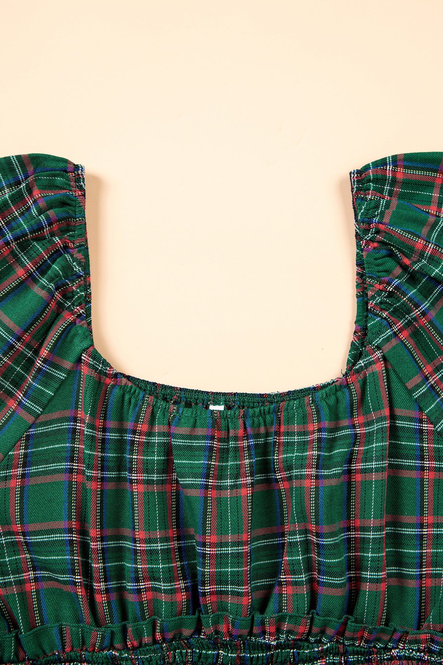 Green Plaid Shirred U Neck Short Sleeve Mini Dress