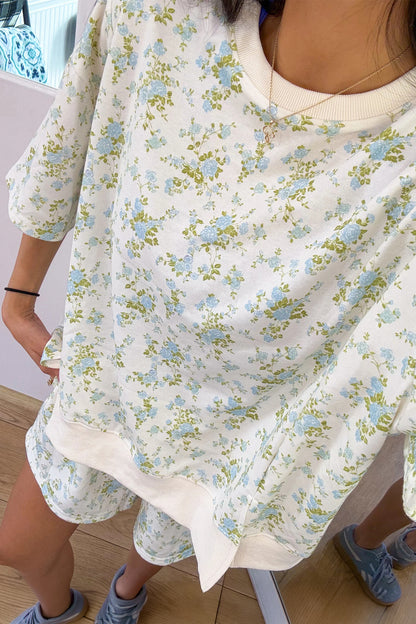 Pink Floral Print Short Sleeve Elastic Waist Pocket Two Piece Set