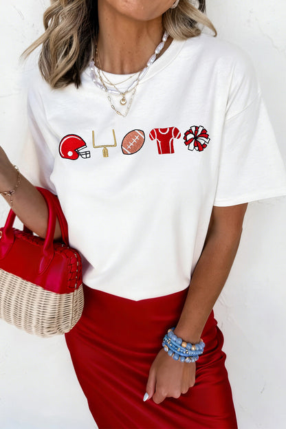 White Embroidered Game Day Theme Football Graphic Tee