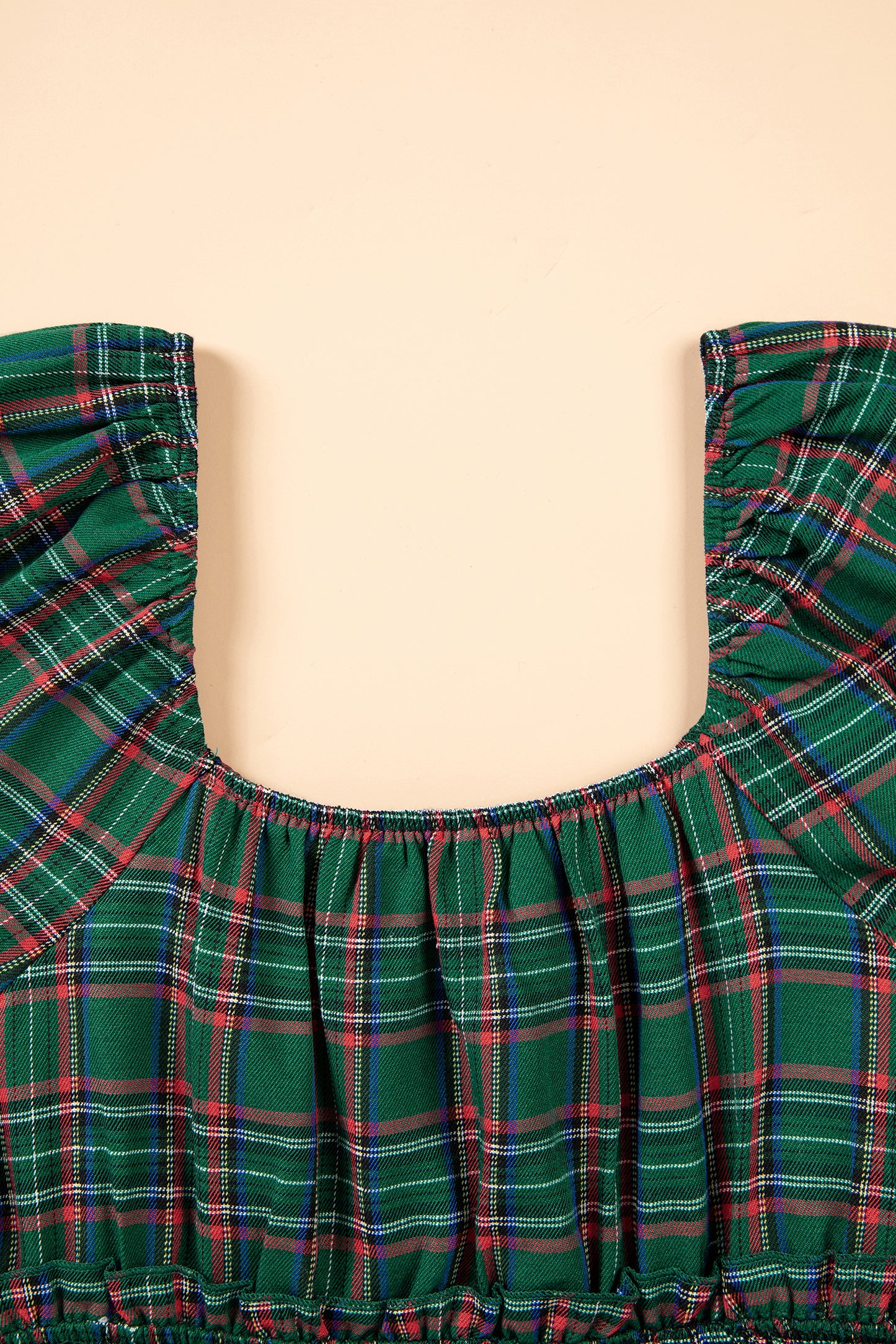 Green Plaid Shirred U Neck Short Sleeve Mini Dress