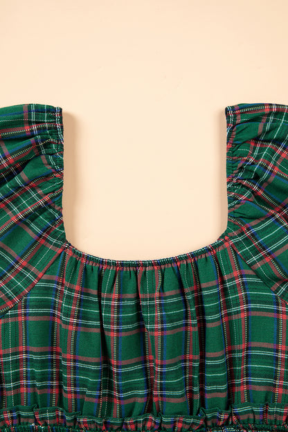 Green Plaid Shirred U Neck Short Sleeve Mini Dress