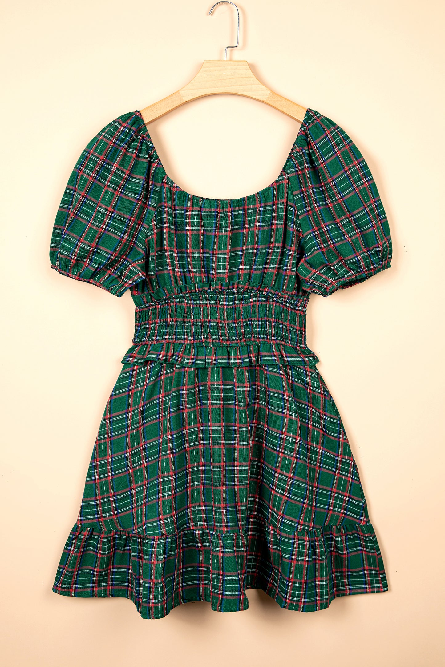 Green Plaid Shirred U Neck Short Sleeve Mini Dress