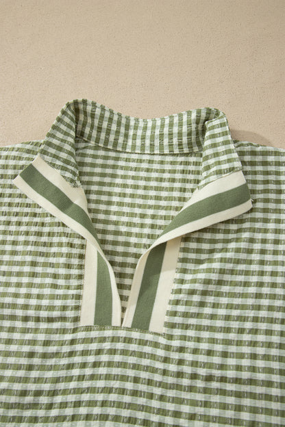 Green Plaid Short Sleeve Colorblock Trim Split Neck Blouse