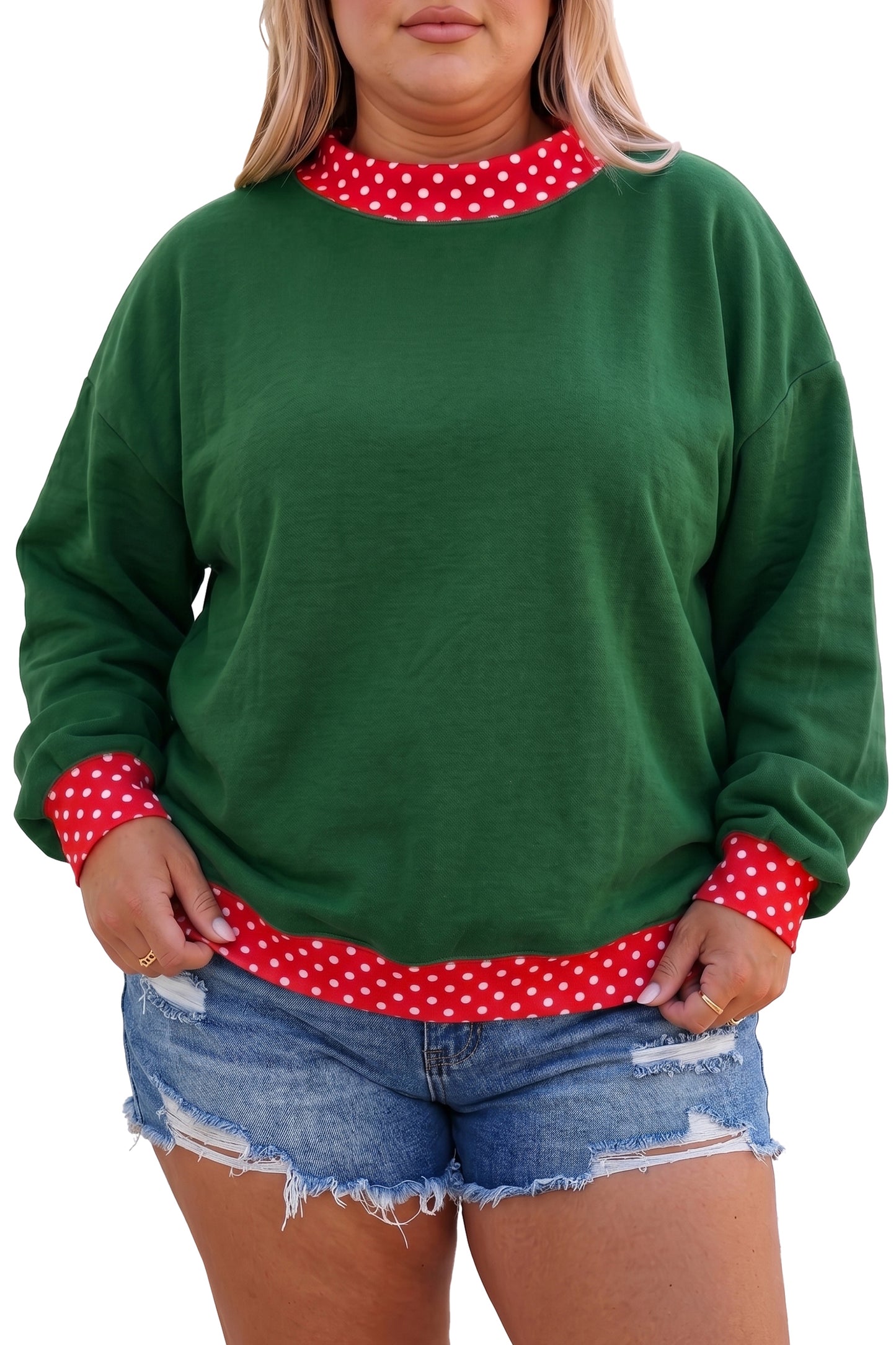 Orange Polka Dot Patchwork Round Neck Plus Size Sweatshirt