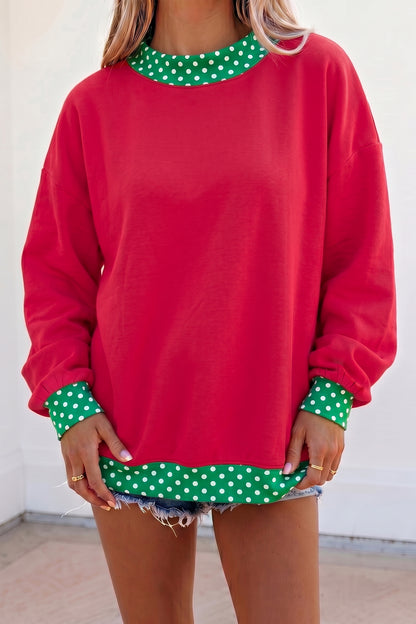 Brown Colorblock Polka Dot Contrast Trim Oversized Sweatshirt